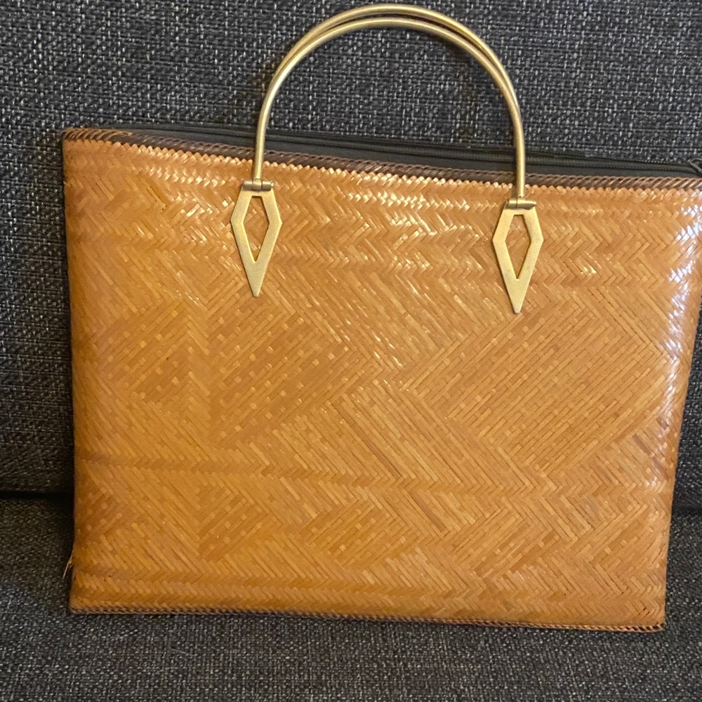 Vintage Woven Tan Tote Bag with Gold Handles